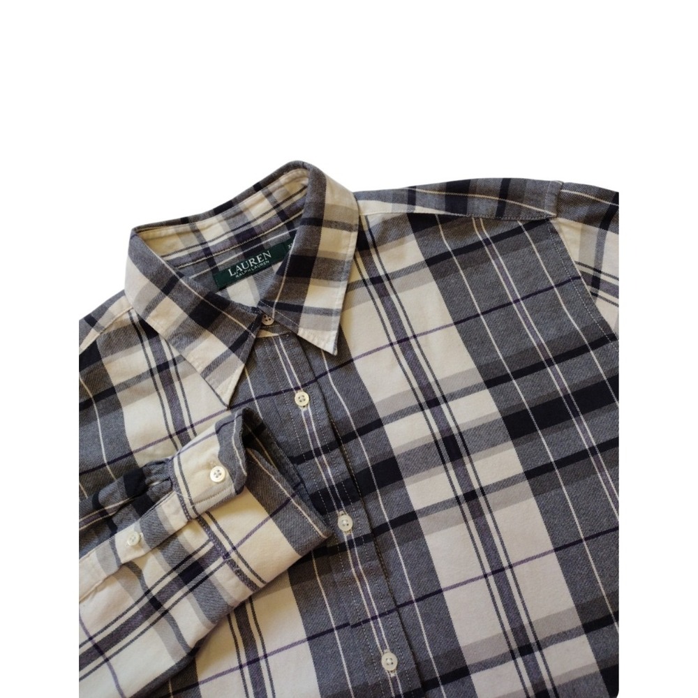 VTG Lauren Ralph Lauren Button Up Shirt Women XL Black‎ Gray Plaid Flannel
